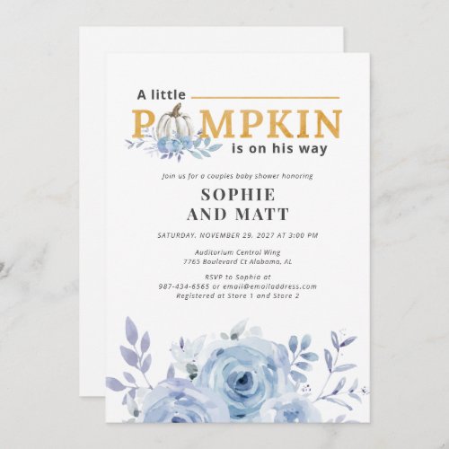 Pumpkin Blue Lilac Botanical Boys Baby Shower Invitation