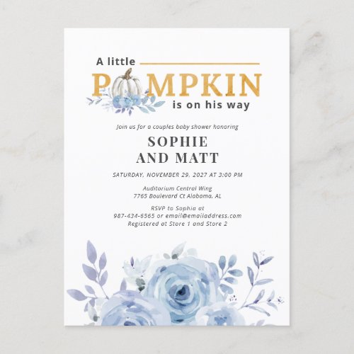 Pumpkin Blue Lilac Botanical Boys Baby Shower Invitation Postcard