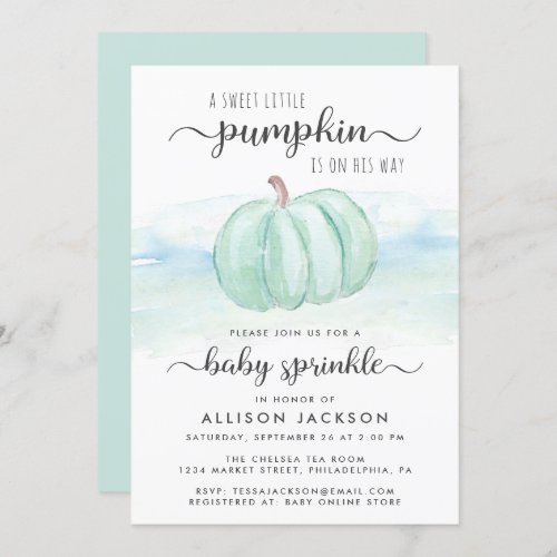 Pumpkin Blue Mint Watercolor Baby Boy Sprinkle Invitation