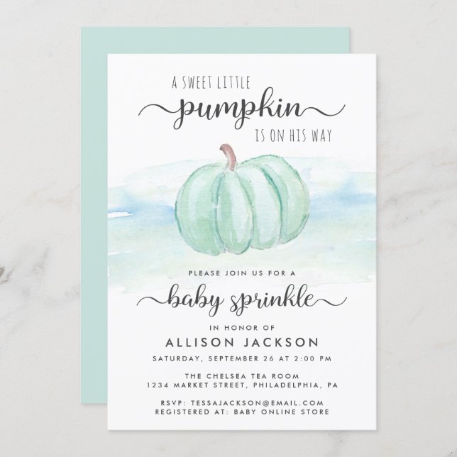 Pumpkin Blue Mint Watercolor Baby Boy Sprinkle Invitation (Front/Back)