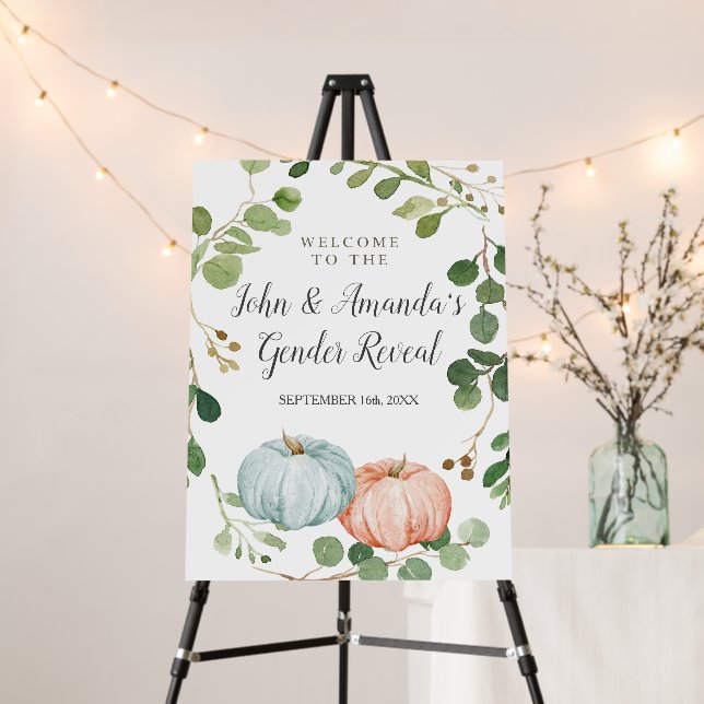 Pumpkin Blue Orange Gender Reveal Greenery Welcome Foam Board (In Situ (Stand))
