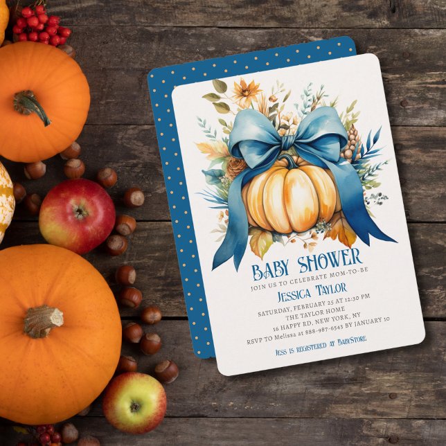 Pumpkin Blue Ribbon Boy Son Fall Baby Shower Invitation (Creator Uploaded)