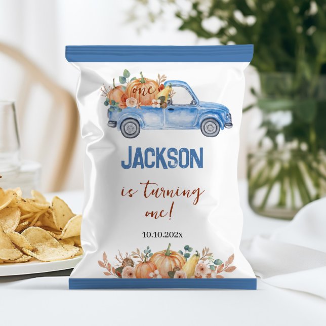 Pumpkin Blue Truck 1st Birthday Chip Bag Wrapper (Creator Uploaded)