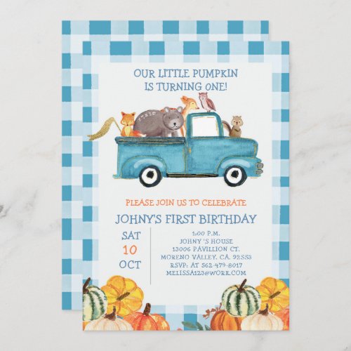 Pumpkin Blue Truck Animals 1st Birthday Invitation