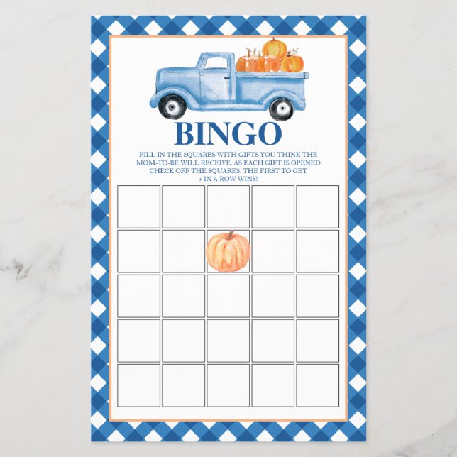 Pumpkin blue truck Baby Shower Bingo Flyer (Front)