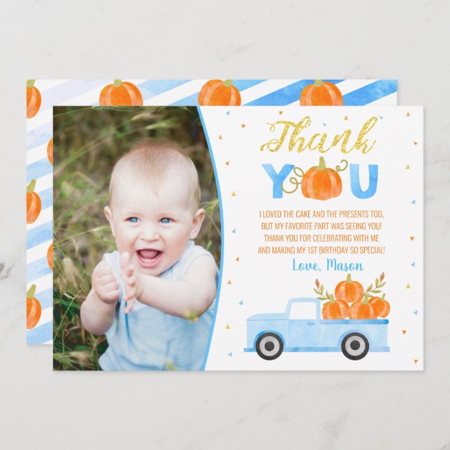 Pumpkin Blue Truck Birthday Thank You Cards Boy  (Front/Back)