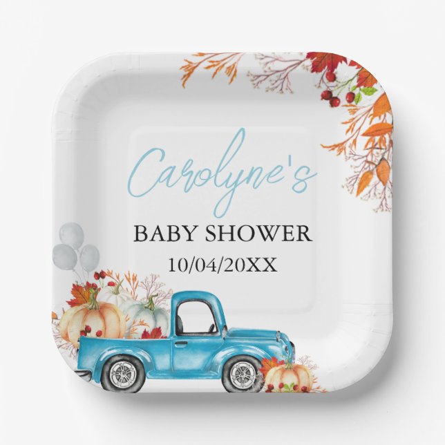 Pumpkin Blue Truck Fall Baby Shower Paper Plates (Front)