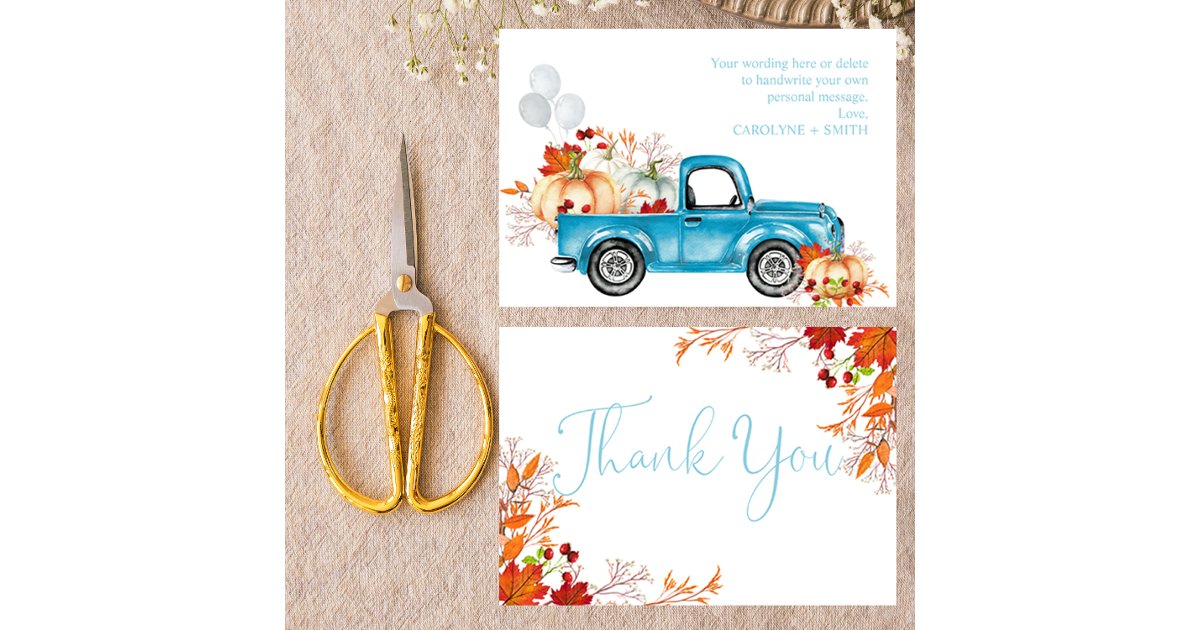 Pumpkin Blue Truck Fall Baby Shower Thank You Card | Zazzle