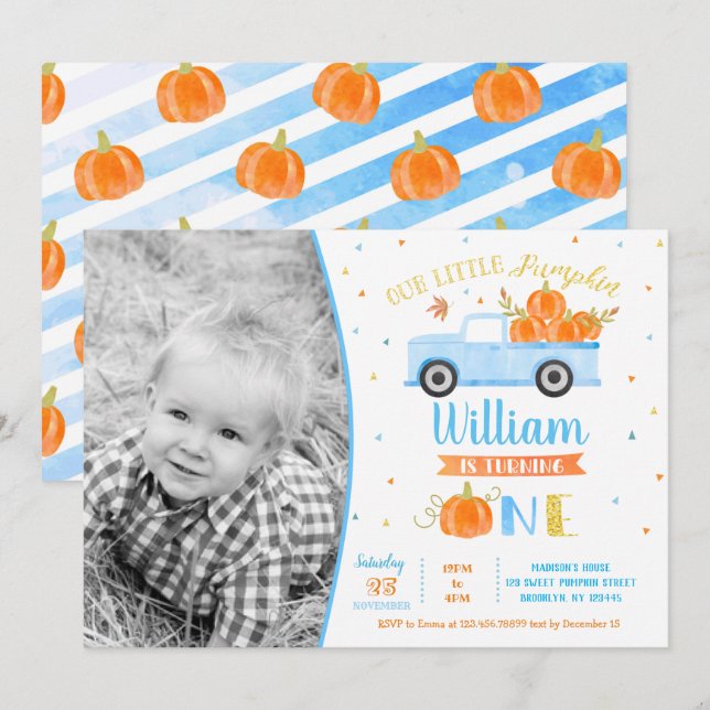 Pumpkin Blue Truck First Birthday Invitations Boy  (Front/Back)