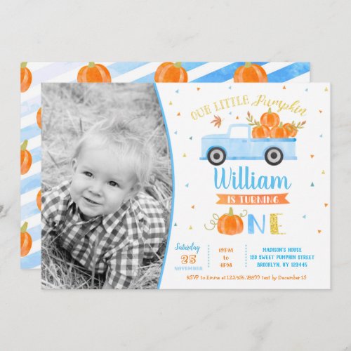 Pumpkin Blue Truck First Birthday Invitations Boy 