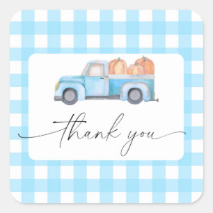 Pumpkin blue truck thank you square sticker