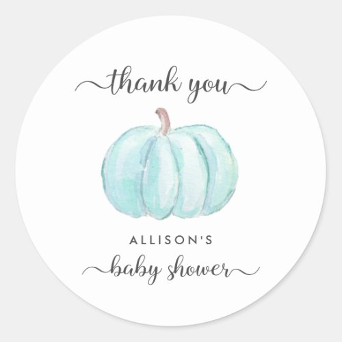 Pumpkin Blue Watercolor Baby Shower Thank You Classic Round Sticker