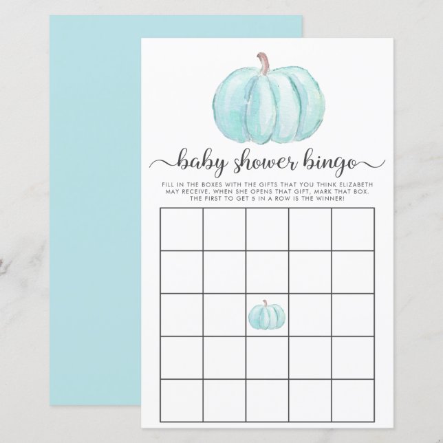 Pumpkin Blue Watercolor Bingo Baby Shower Game (Front/Back)