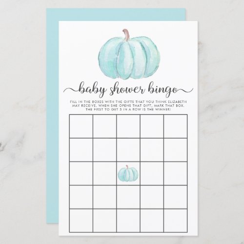 Pumpkin Blue Watercolor Bingo Baby Shower Game