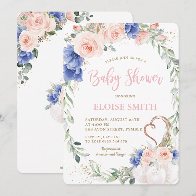 Pumpkin Blush Blue Floral Wreath Baby Shower Girl Invitation (Front/Back)