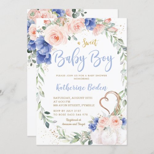 Pumpkin Blush Blue Floral Wreath Boy Baby Shower  Invitation