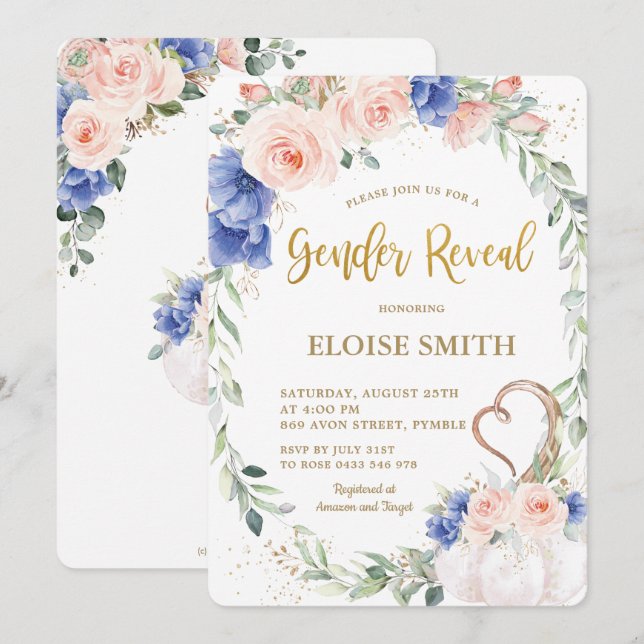 Pumpkin Blush Blue Floral Wreath Gender Reveal  Invitation (Front/Back)