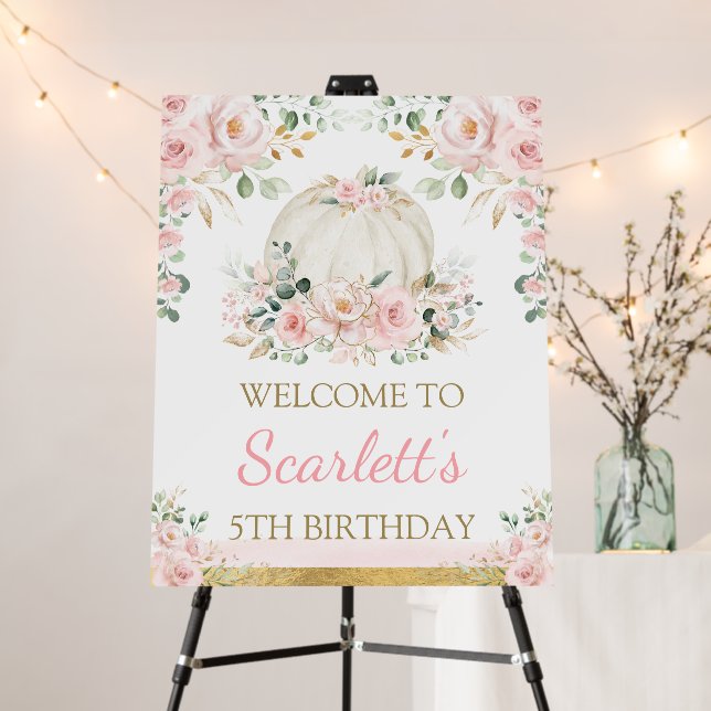 Pumpkin Blush Floral Fall Girls Birthday Welcome Foam Board (In Situ (Stand))