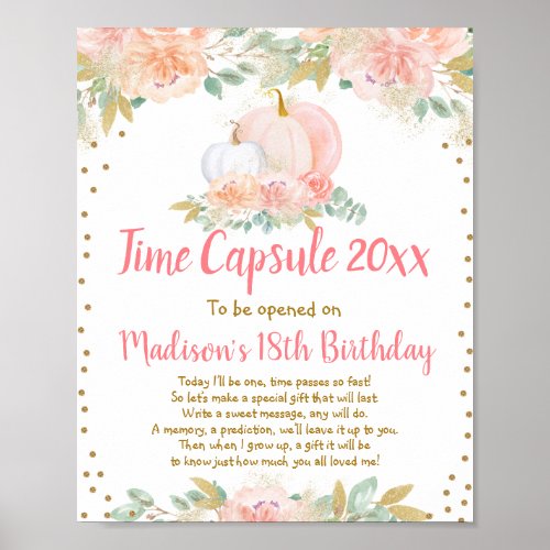 Pumpkin Blush Floral Time Capsule 1st Birthday Poster