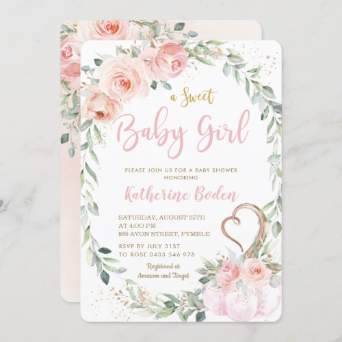 Pumpkin Blush Pink Floral Wreath Girl Baby Shower Invitation