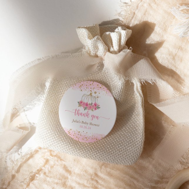 Pumpkin Blush Pink Gold Baby Girl Shower Favor Classic Round Sticker (Creator Uploaded)