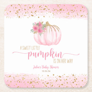 Pumpkin Blush Pink Gold Baby Girl Shower Favor Square Paper Coaster