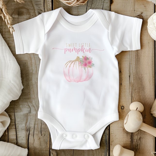Pumpkin Blush Pink Gold Floral Fall Baby Girl Bodysuit (Creator Uploaded)