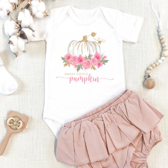 Pumpkin Blush Pink Gold Floral Fall Baby Girl Bodysuit (Creator Uploaded)
