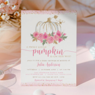 Pumpkin Blush Pink Gold Floral Fall Baby Shower In Invitation
