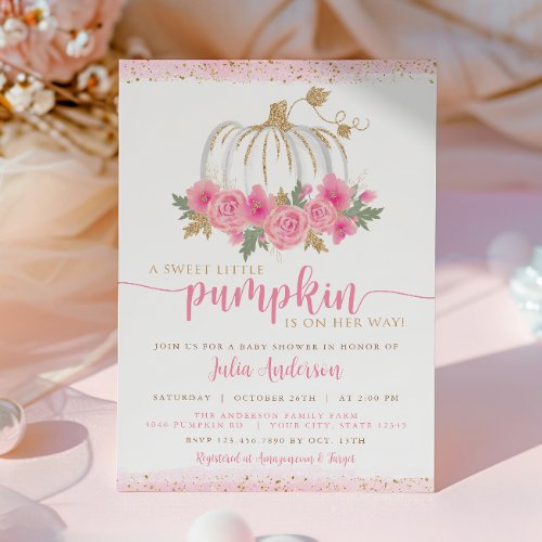 Pumpkin Blush Pink Gold Floral Fall Baby Shower In Invitation