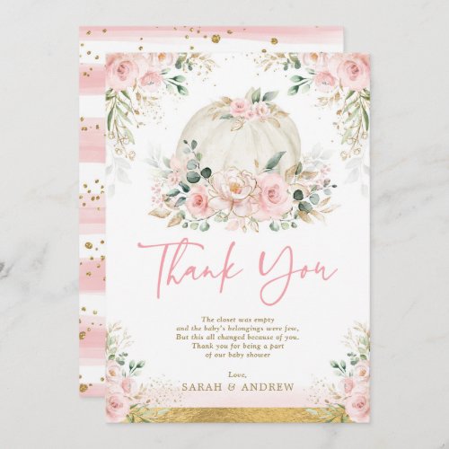 Pumpkin Blush Pink Gold Floral Fall Baby Shower Thank You Card