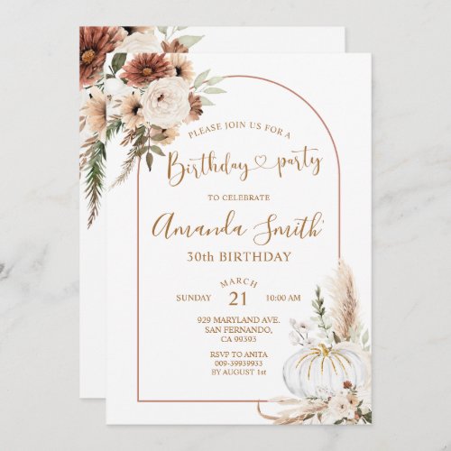 Pumpkin Boho Arch Birthday 30th Dinner Party Invitation