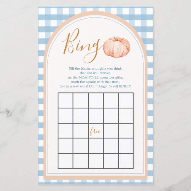 Pumpkin Boho Blue Gingham 1st Birthday Bingo Game (Front)