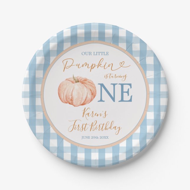 Pumpkin Boho Blue Gingham 1st Birthday Paper Plates (Front)