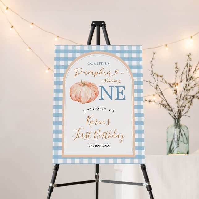 Pumpkin Boho Blue Gingham 1st Birthday Welcome Foam Board (In Situ (Stand))