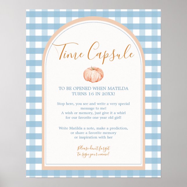 Pumpkin Boho Blue Gingham Birthday Time Capsule Poster (Front)