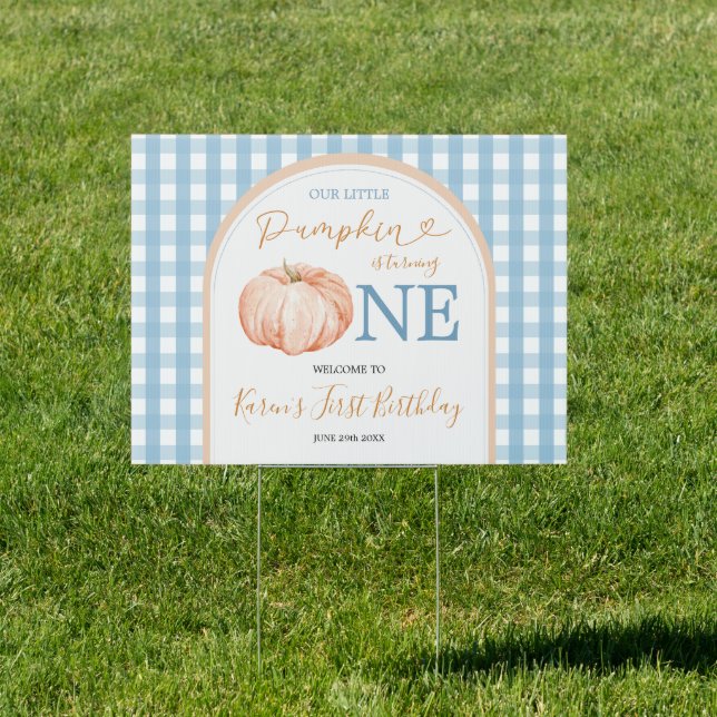 Pumpkin Boho Blue Gingham Birthday Welcome Yard Sign (Insitu)
