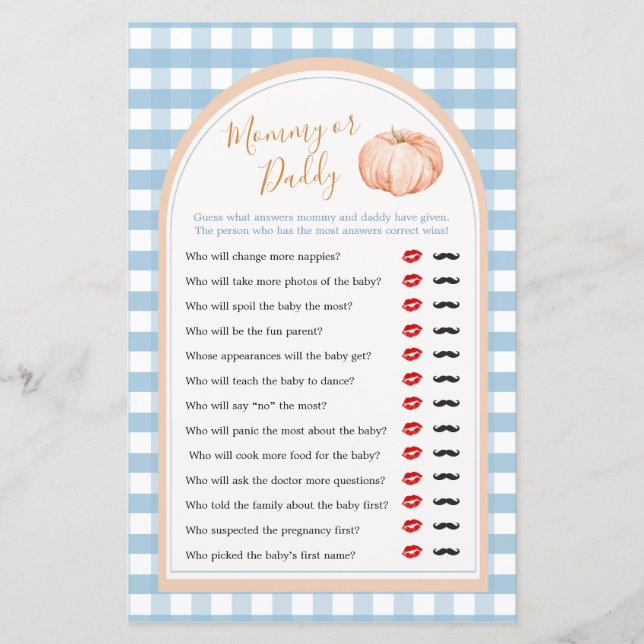 Pumpkin Boho Blue Gingham Mommy or Daddy Game (Front)