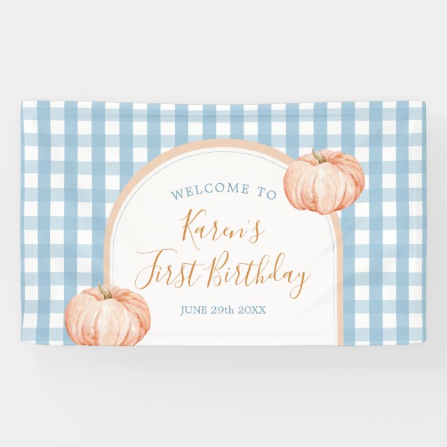 Pumpkin Boho Blue Gingham Welcome Large Banner (Horizontal)