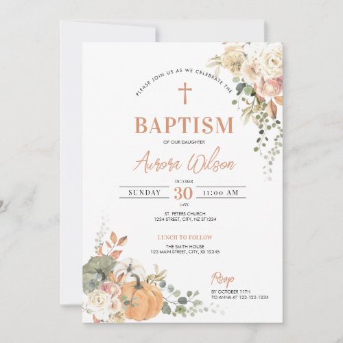 Pumpkin Boho Fall Baptism Floral Invitation