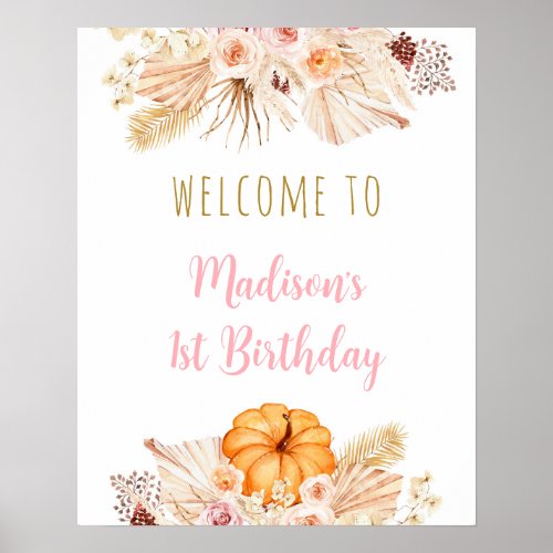 Pumpkin Boho Floral Birthday Welcome Poster