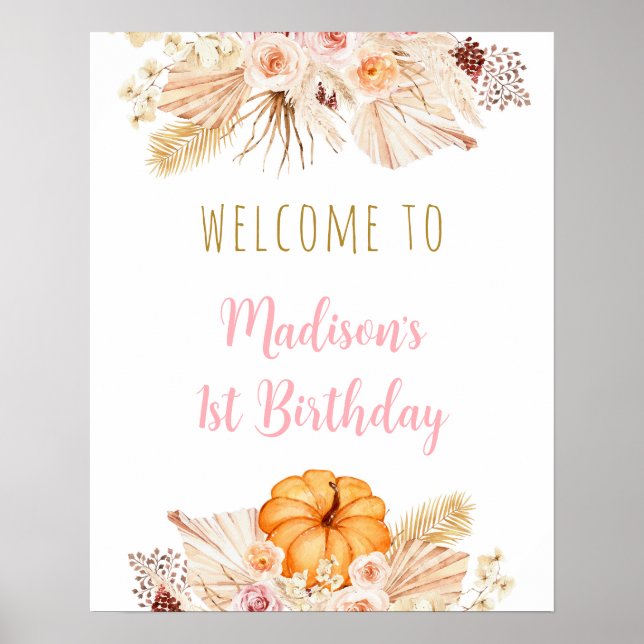 Pumpkin Boho Floral Birthday Welcome Poster (Front)