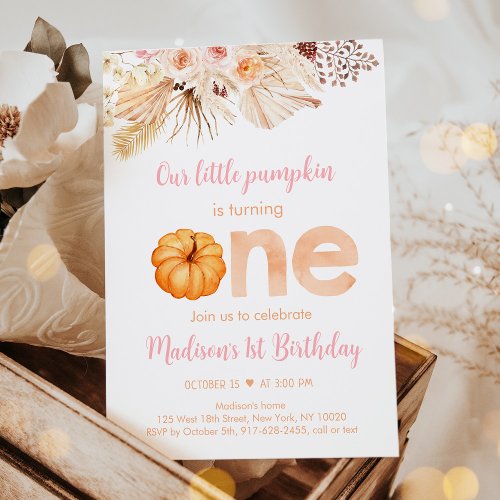 Pumpkin Boho Floral First Birthday Invitation