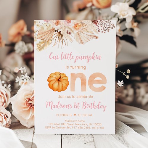 Pumpkin Boho Floral First Birthday Invitation