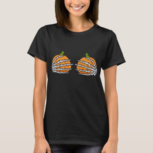 Pumpkin Boobes With Skeleton Hands Halloween T_Shirt