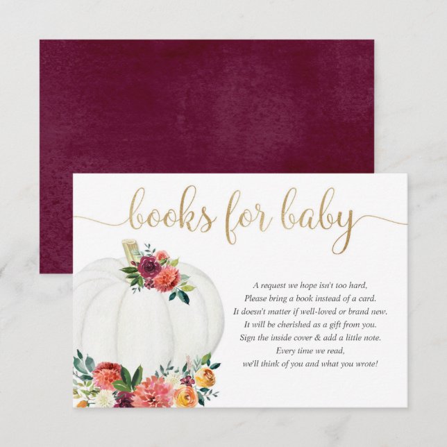 Pumpkin books for baby gender neutral fall floral enclosure card (Front/Back)