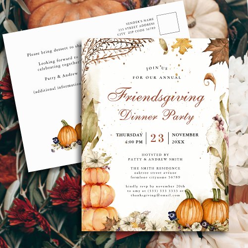 Pumpkin Botanical Autumn Friendsgiving Dinner Invitation Postcard