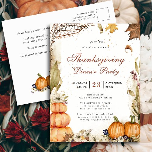Pumpkin Botanical Autumn Thanksgiving Dinner Party Invitation Postcard