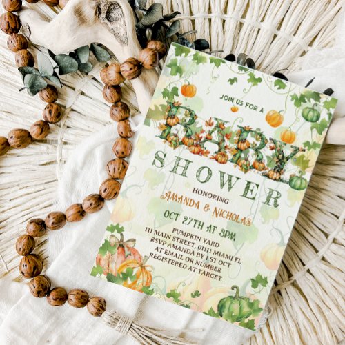 Pumpkin Botanical Rustic Baby Shower Invitation