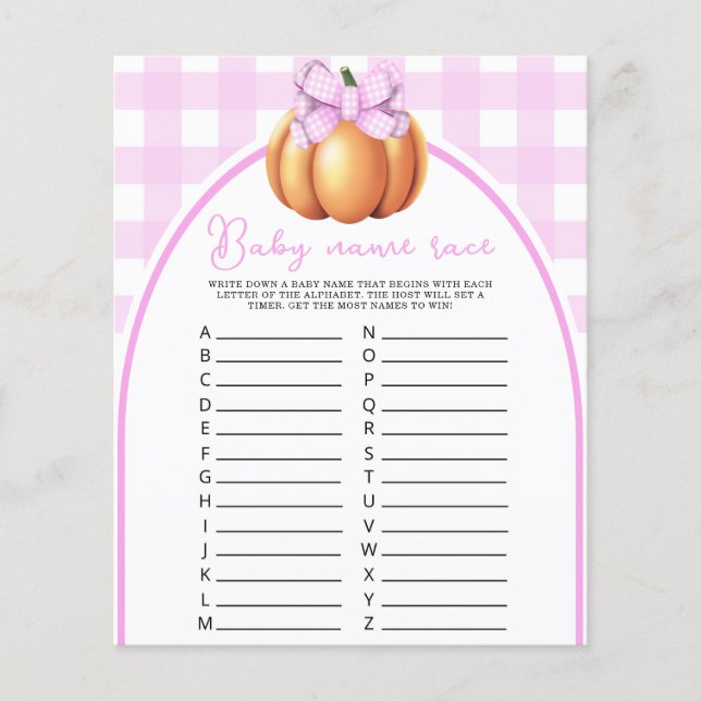 Pumpkin bow baby shower Baby name race game (Front)